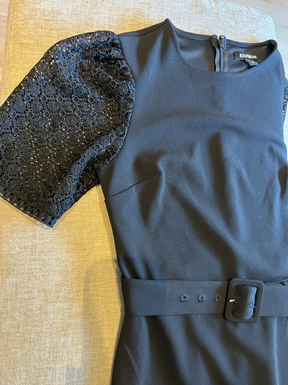 Express Black Lace-Sleeve Sheath Dress with lace embroidery sleeve detail + belt - Picture 2 of 7